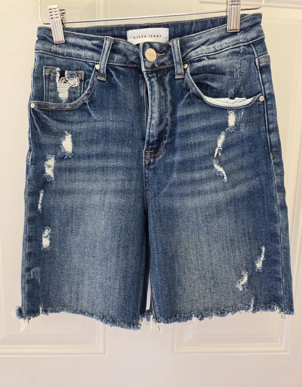 Women's Risen Jeans Distressed Denim Bermuda Shorts - Size Small